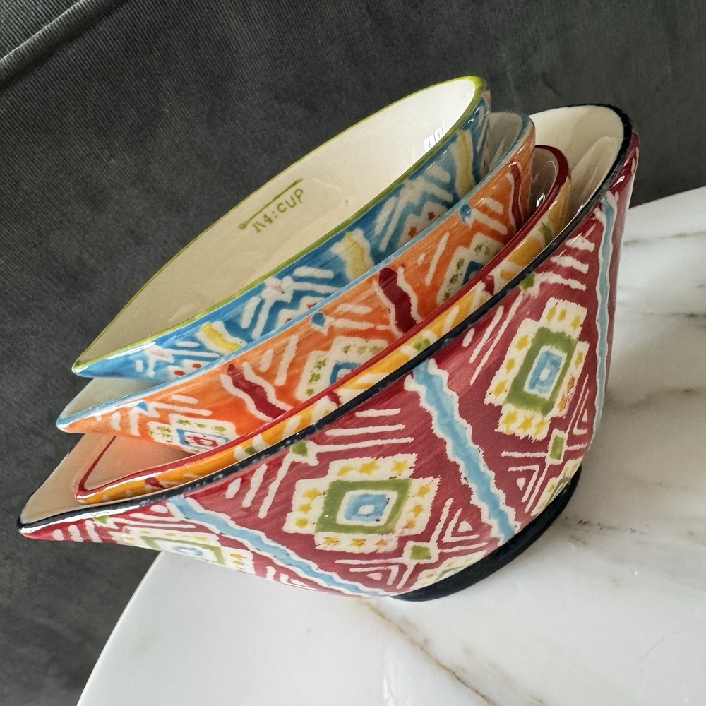 Retired Pier 1 Set of 4 Bohemian Floral Multi-Color Ceramic Measuring Cups